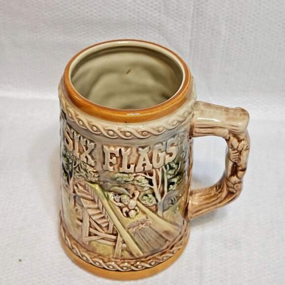 Vtg Six Flags Beer Stein Mug Log Flume Train & Car 3D Embossed Design Japan - Picture 7 of 12